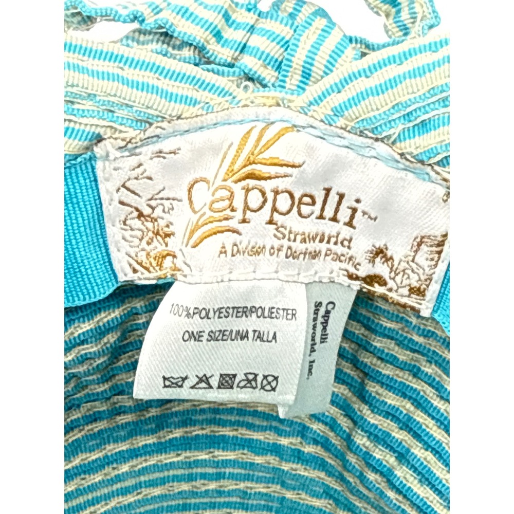 Cappelli Straworld Turquoise Blue White Striped Wide Brim Floppy Sun Hat Bonnet - Picture 8 of 9